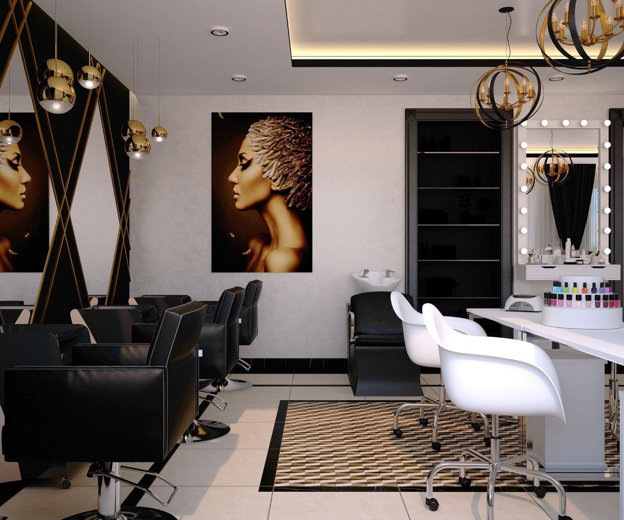 Interior del salón en blanco, negro y dorado